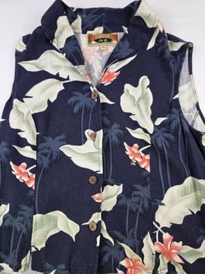 Caribbean Joe Women' s Medium Black Floral Hawaiian Blouse - Thumbnail 2