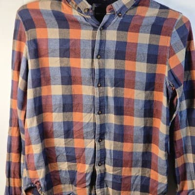 Denim & Flower Ricky Singh Men’s Medium Orange Plaid Flannel Shirt * Flawed * - Thumbnail 2