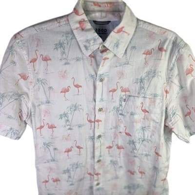 Izod Saltwater Men's Medium Flamingo Print Short Sleeve Shirt - Thumbnail 2
