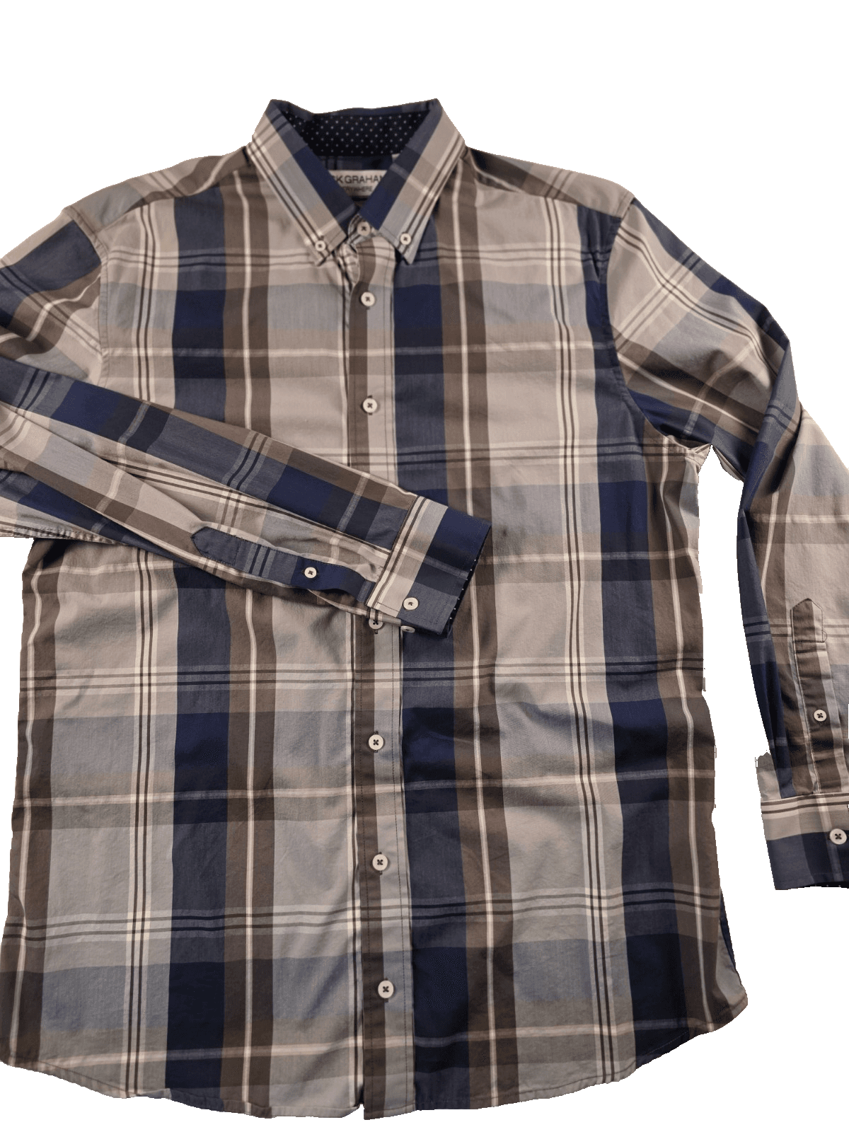 Nick Graham Mens Large Stretch Modern Fit Button Up Blue Plaid Long Sleeve Shirt - Image 1