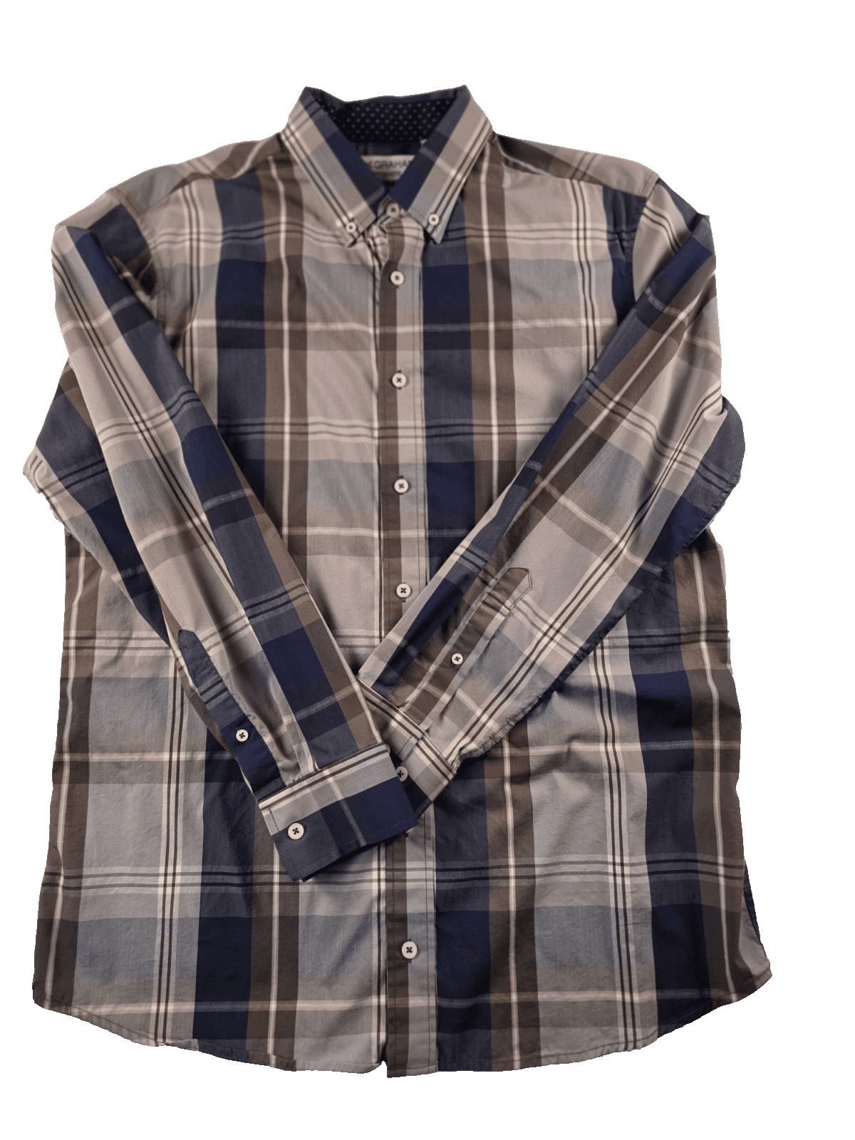 Nick Graham Mens Large Stretch Modern Fit Button Up Blue Plaid Long Sleeve Shirt - Thumbnail 2
