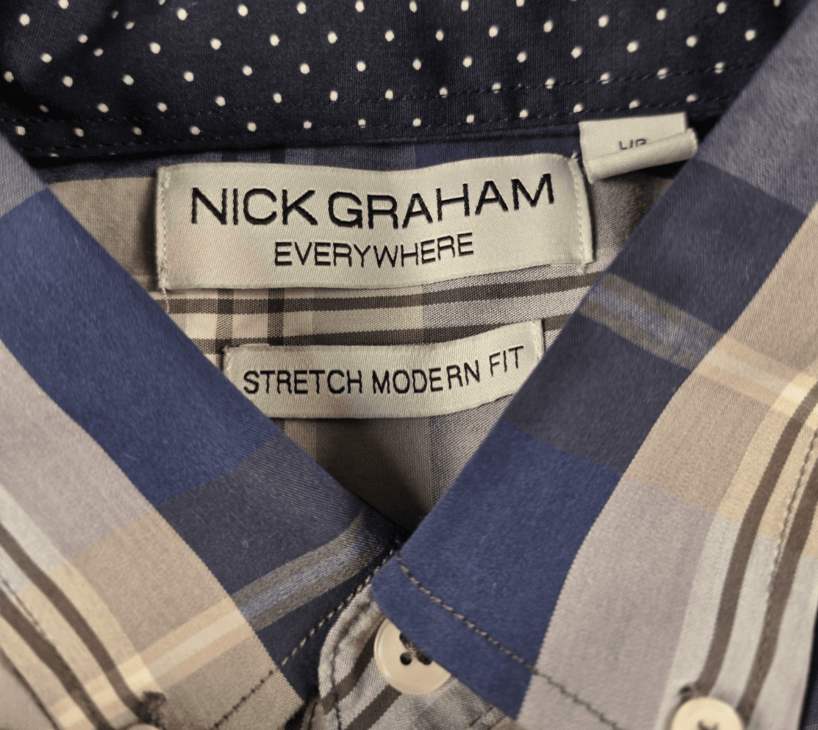 Nick Graham Mens Large Stretch Modern Fit Button Up Blue Plaid Long Sleeve Shirt - Thumbnail 3
