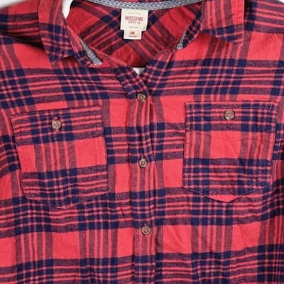 Mossimo Women's Medium Red & Blue Tartan Plaid Cotton Flannel Collared Shirt - Thumbnail 2