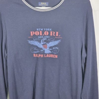 Polo Ralph Lauren Men's Large Navy Blue Eagle Logo Waffle Knit Long Sleeve Shirt - Thumbnail 2