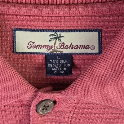 Tommy Bahama Men's Large Coral Pink Silk & Cotton Blend Short Sleeve Polo Shirt - Thumbnail 3