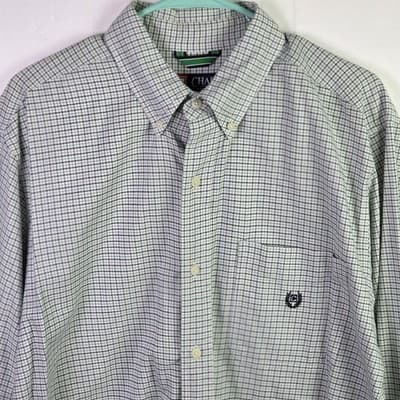 Chaps Men's Medium Stretch Oxford Blue And Green Check Long Sleeve Button Down - Thumbnail 2
