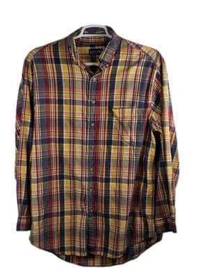 Lands End Men's Yellow & Brown Plaid Long Sleeve Button Down Shirt - Image 1