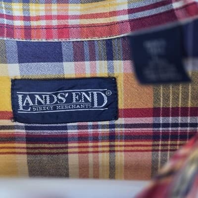 Lands End Men's Yellow & Brown Plaid Long Sleeve Button Down Shirt - Thumbnail 3