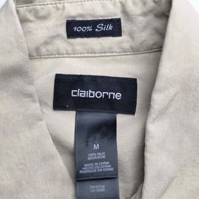 Calvin Klein Men's Medium 100% Silk Tan Long Sleeve Shirt - Thumbnail 2