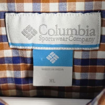 Columbia Men's XL Orange & Blue Plaid Long Sleeve Button Down Shirt - Thumbnail 2