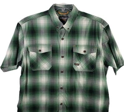 Ariat Rebar Men's Large Green Plaid Short Sleeve Workwear Button Down Shirt - Image 1
