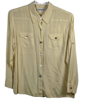 Bloomingdale's Women's Large Yellow 100% Silk Long Sleeve Button Up Shirt - Image 1