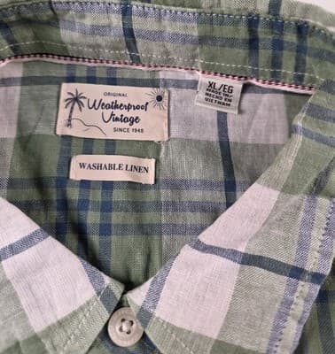 Weatherproof Men's XL Linen Green Tartan Short Sleeve Button Down Shirt - Thumbnail 2