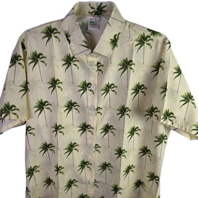Happy Bay Men's Medium Yellow Hawaiian Palm Tree Button Up Shirt - Thumbnail 2