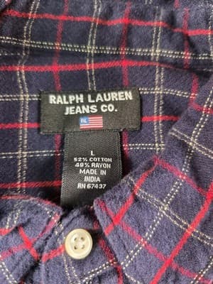 Ralph Lauren Jeans Co. Men' s Large Blue Red Plaid Long Sleeve Shirt - Thumbnail 3