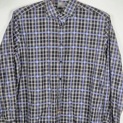 Thomas Dean Large Navy Blue & Gray Plaid Long Sleeve Button Up Shirt - Thumbnail 2