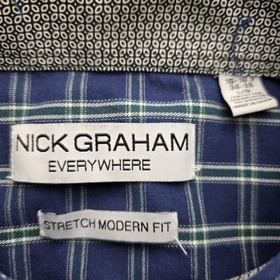 Nick Graham Men's Large Blue with Green White Plaid Button Up Shirt * FLAWED* - Thumbnail 3