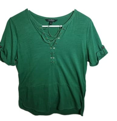 Lauren Ralph Lauren Women's Large Green Short Sleeve Blouse - Image 1