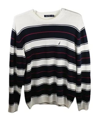 Nautica Men's XL White V-Neck Knit Long-Sleeve Striped Sweater - Image 1