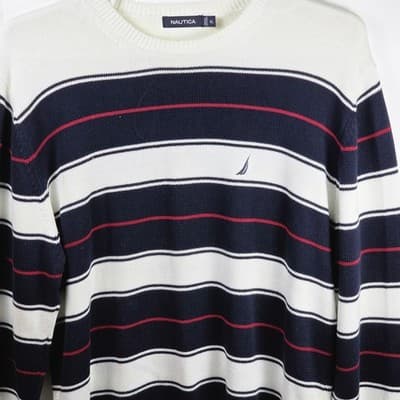 Nautica Men's XL White V-Neck Knit Long-Sleeve Striped Sweater - Thumbnail 2