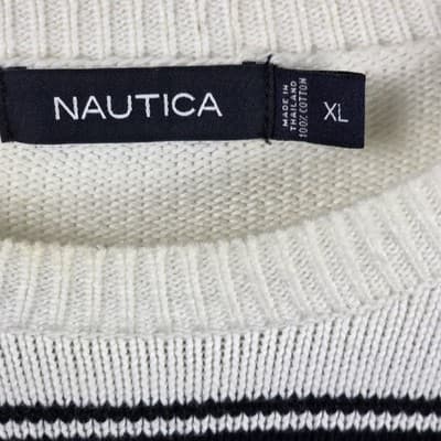Nautica Men's XL White V-Neck Knit Long-Sleeve Striped Sweater - Thumbnail 3