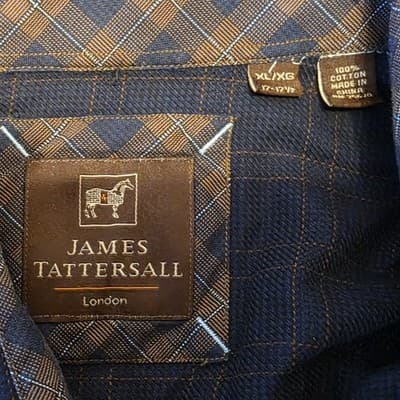 James Tattersall Men's Large XL London Blue Plaid Long Sleeve Shirt with Fraying - Thumbnail 2