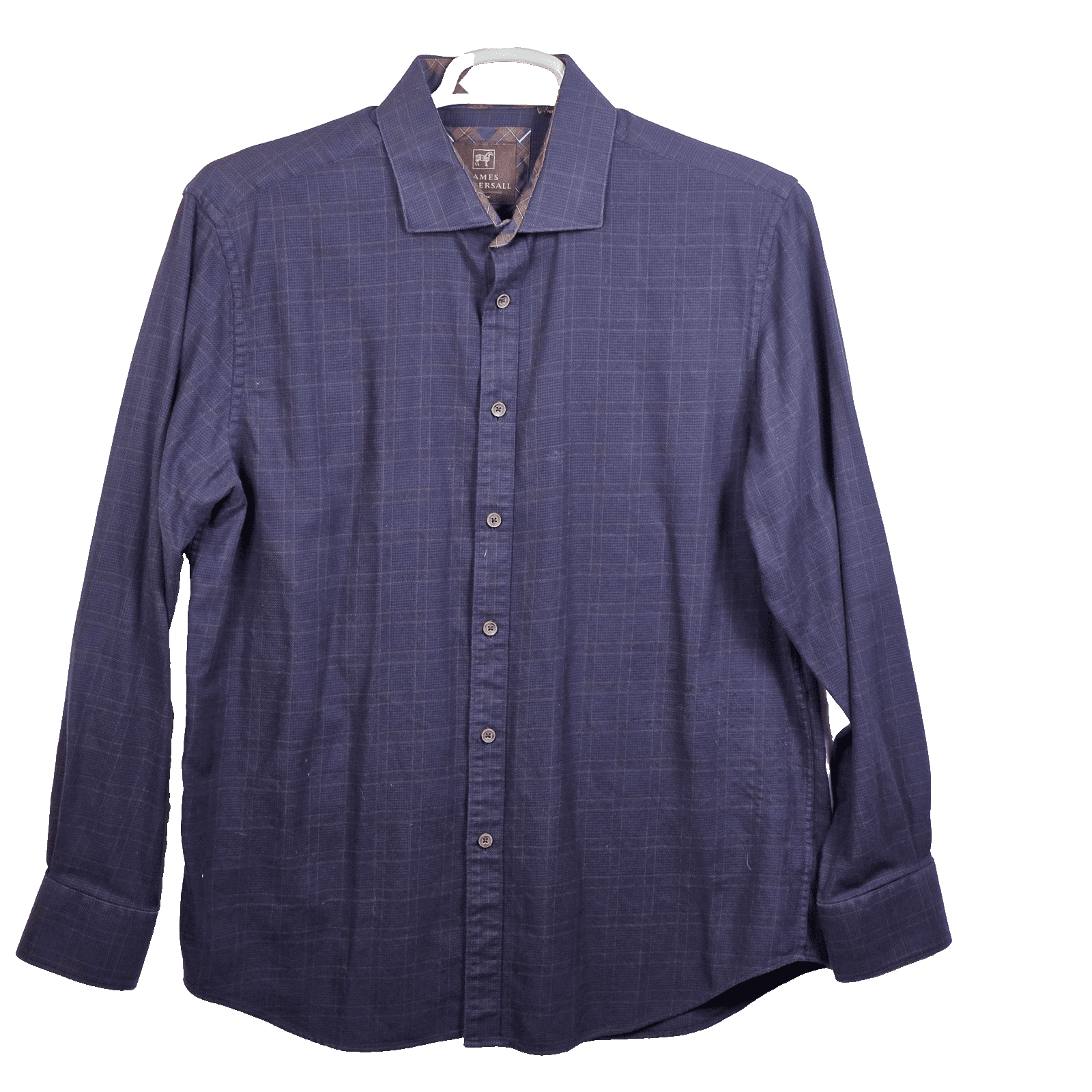 James Tattersall Men's Large XL London Blue Plaid Long Sleeve Shirt with Fraying - Image 1