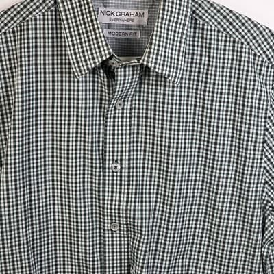 Nick Graham Men's 15.5- 32/33 Green & White Checkered Long Sleeve Shirt - Thumbnail 2