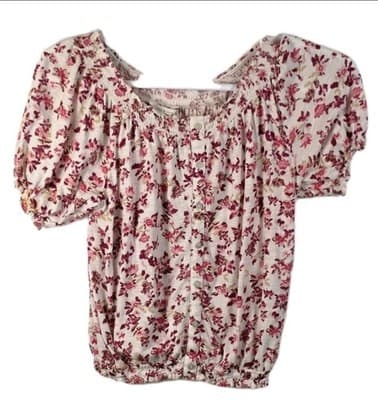 Lucky Brand Women’s Medium Pink White Floral SS Ruched Neck Button Down Top - Image 1