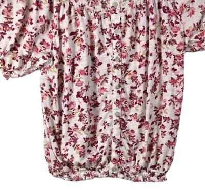Lucky Brand Women’s Medium Pink White Floral SS Ruched Neck Button Down Top - Thumbnail 2