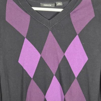 Claiborne Men's 3XL Charcoal Gray/Purple Argyle V-Neck Sweater - Thumbnail 2