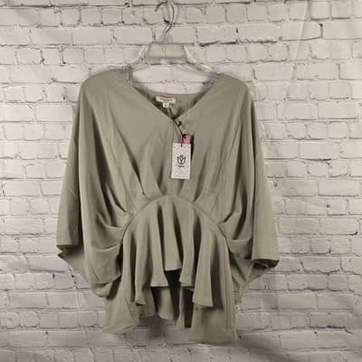Andree By Unit Women Medium Olive Green V-Neck 3/4 Sleeve Blouse - Thumbnail 2