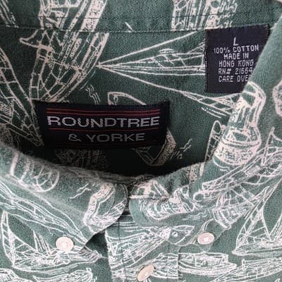 Roundtree & Yorke Men's Large Green Boat Designs Short Sleeve Button Up Shirt - Thumbnail 3