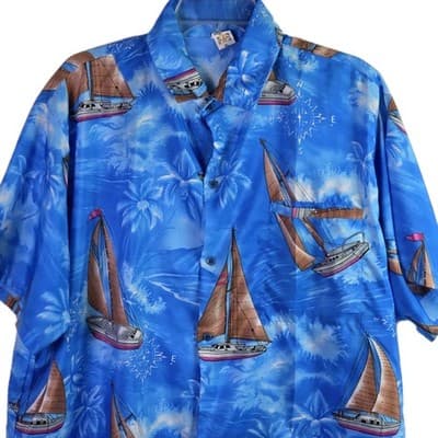 Creations Men's XL Blue Hawaiian Short Sleeve Button Down Shirt - Thumbnail 3