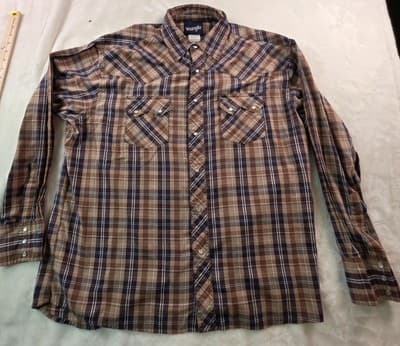 Wrangler Western Shirt XL Brown Plaid Brush Pearl Snap Shirt - Image 1