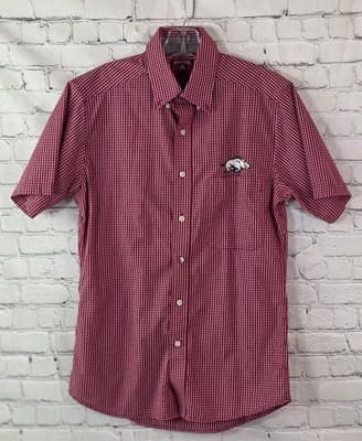 Antigua Men's Smal University of Arkansas Razorbacks S/S Plaid Button Down Shirt - Image 1