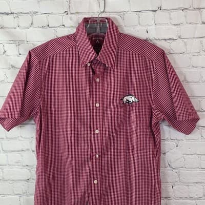 Antigua Men's Smal University of Arkansas Razorbacks S/S Plaid Button Down Shirt - Thumbnail 3