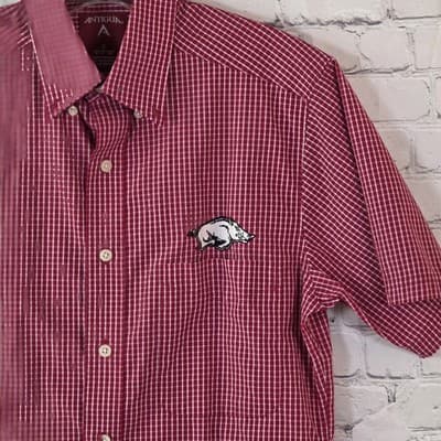 Antigua Men's Smal University of Arkansas Razorbacks S/S Plaid Button Down Shirt - Thumbnail 2