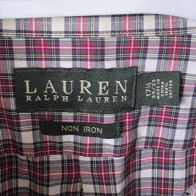 Lauren Ralph Lauren Size 17.5/34-35 Gingham Burgundy Plaid Button Up Shirt - Thumbnail 3