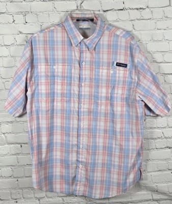 Columbia Super Tamiami Men's XL Blue & Pink Checkered Short Sleeve Fishing Shirt