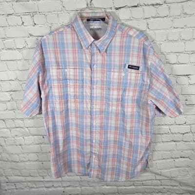 Columbia Super Tamiami Men's XL Blue & Pink Checkered Short Sleeve Fishing Shirt - Thumbnail 3
