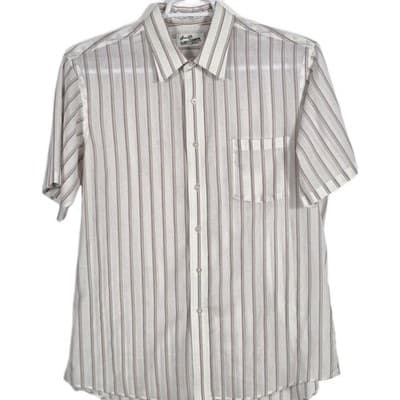 Sears Roebuck Men' 17 Tan & White Multicolored Short Sleeve Button Up Shirt - Image 1