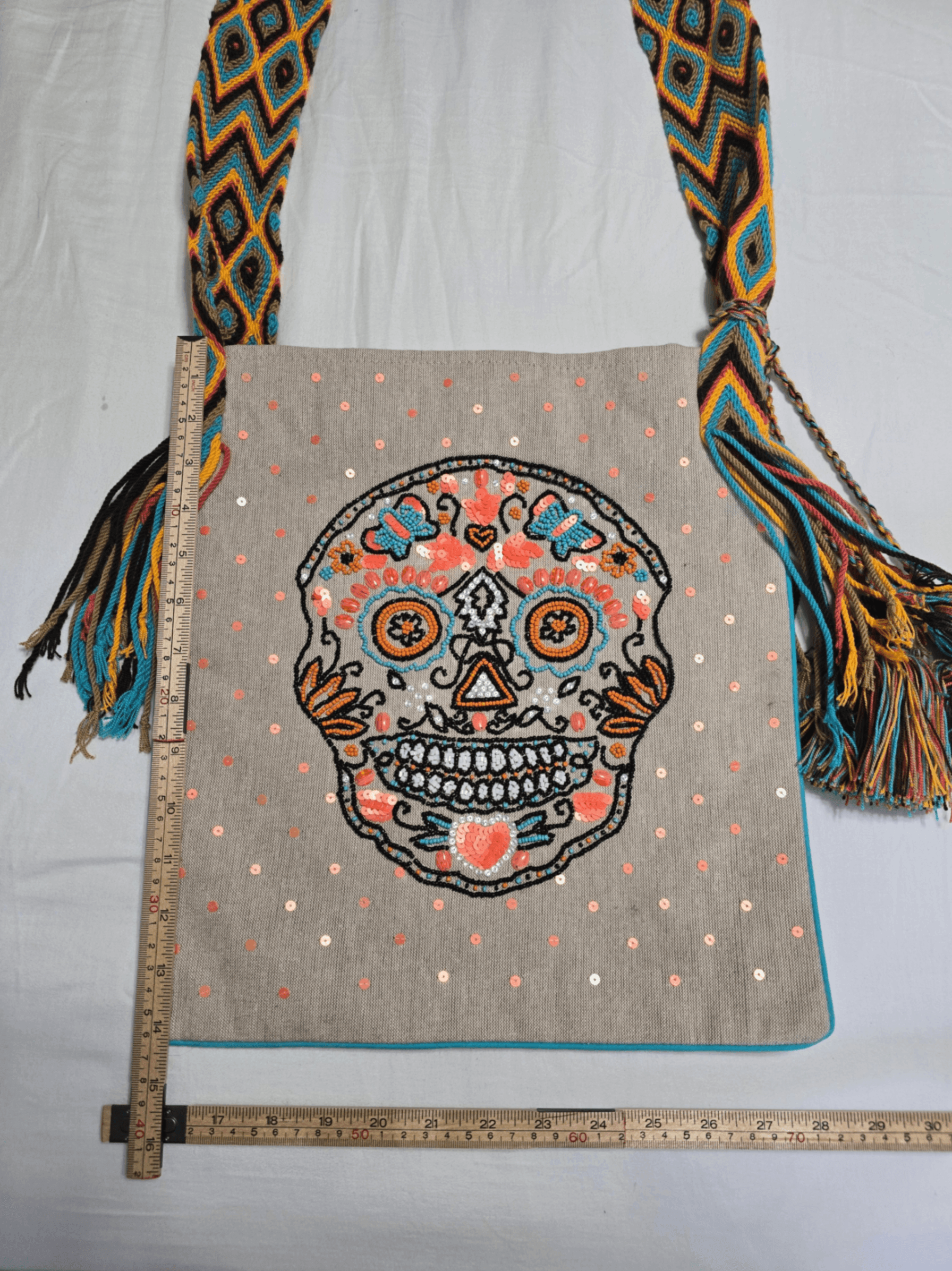 Embroidered Sugar Skull Crossbody Bag with Woven Strap - Thumbnail 5