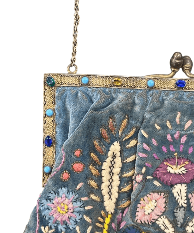 Antique 1920s/30s French Cornflower Blue Silk Velvet Evening Bag with Raised Stumpwork and Jeweled Filigree Frame - Thumbnail 3