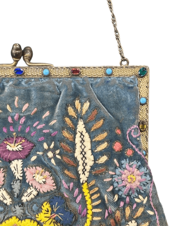 Antique 1920s/30s French Cornflower Blue Silk Velvet Evening Bag with Raised Stumpwork and Jeweled Filigree Frame - Thumbnail 4