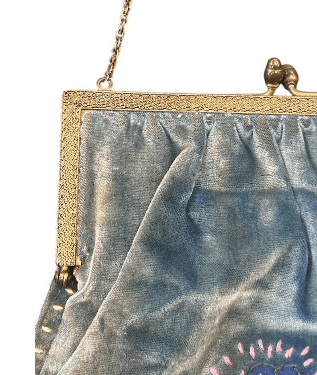 Antique 1920s/30s French Cornflower Blue Silk Velvet Evening Bag with Raised Stumpwork and Jeweled Filigree Frame - Thumbnail 5
