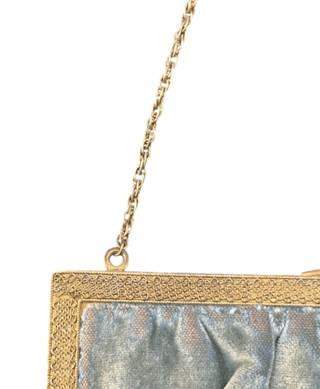 Antique 1920s/30s French Cornflower Blue Silk Velvet Evening Bag with Raised Stumpwork and Jeweled Filigree Frame - Thumbnail 10