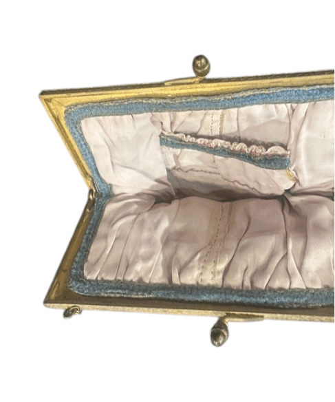 Antique 1920s/30s French Cornflower Blue Silk Velvet Evening Bag with Raised Stumpwork and Jeweled Filigree Frame - Thumbnail 12