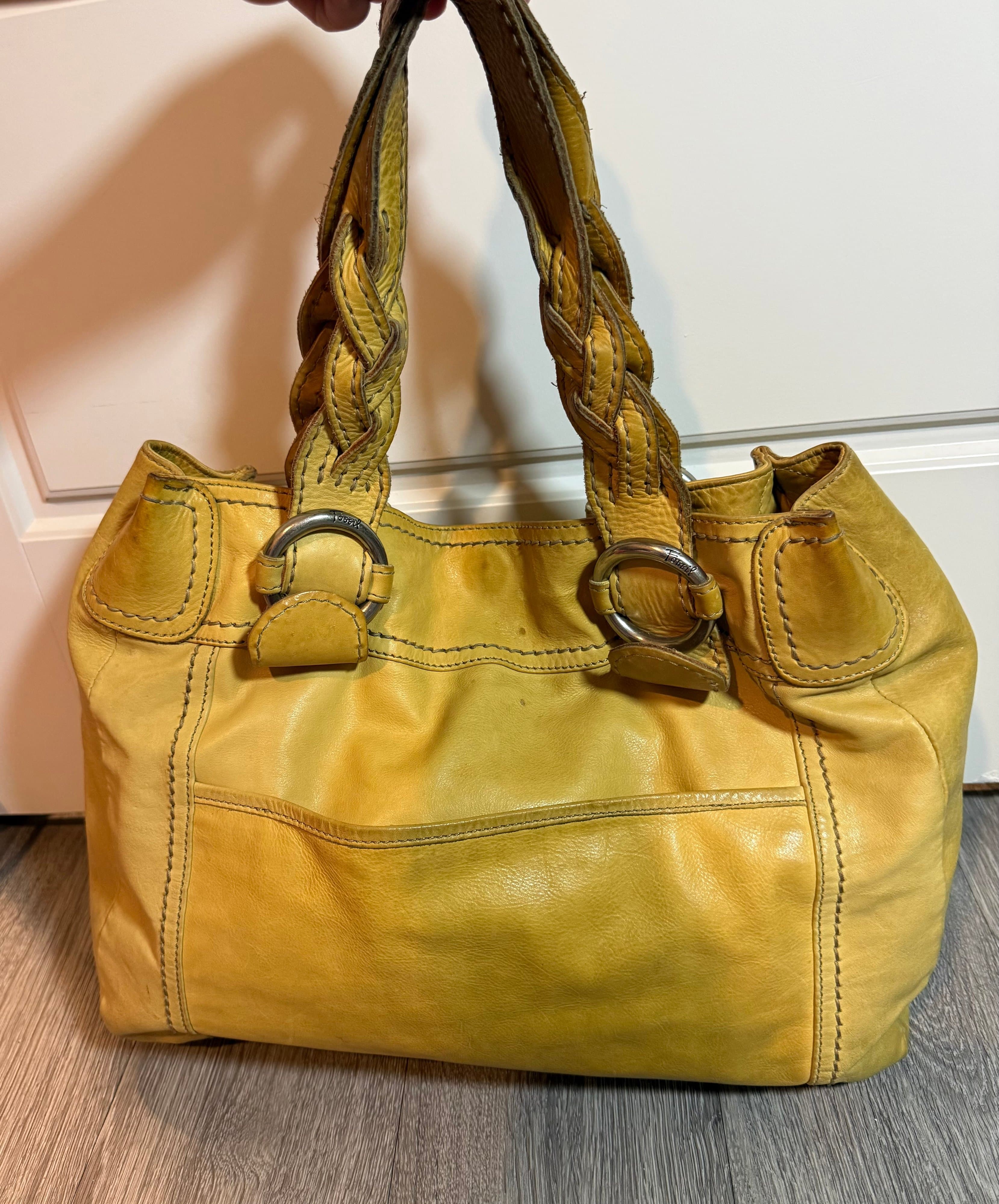 Fossil  Yellow Leather Shoulder Bag with Braided Handles - Thumbnail 2