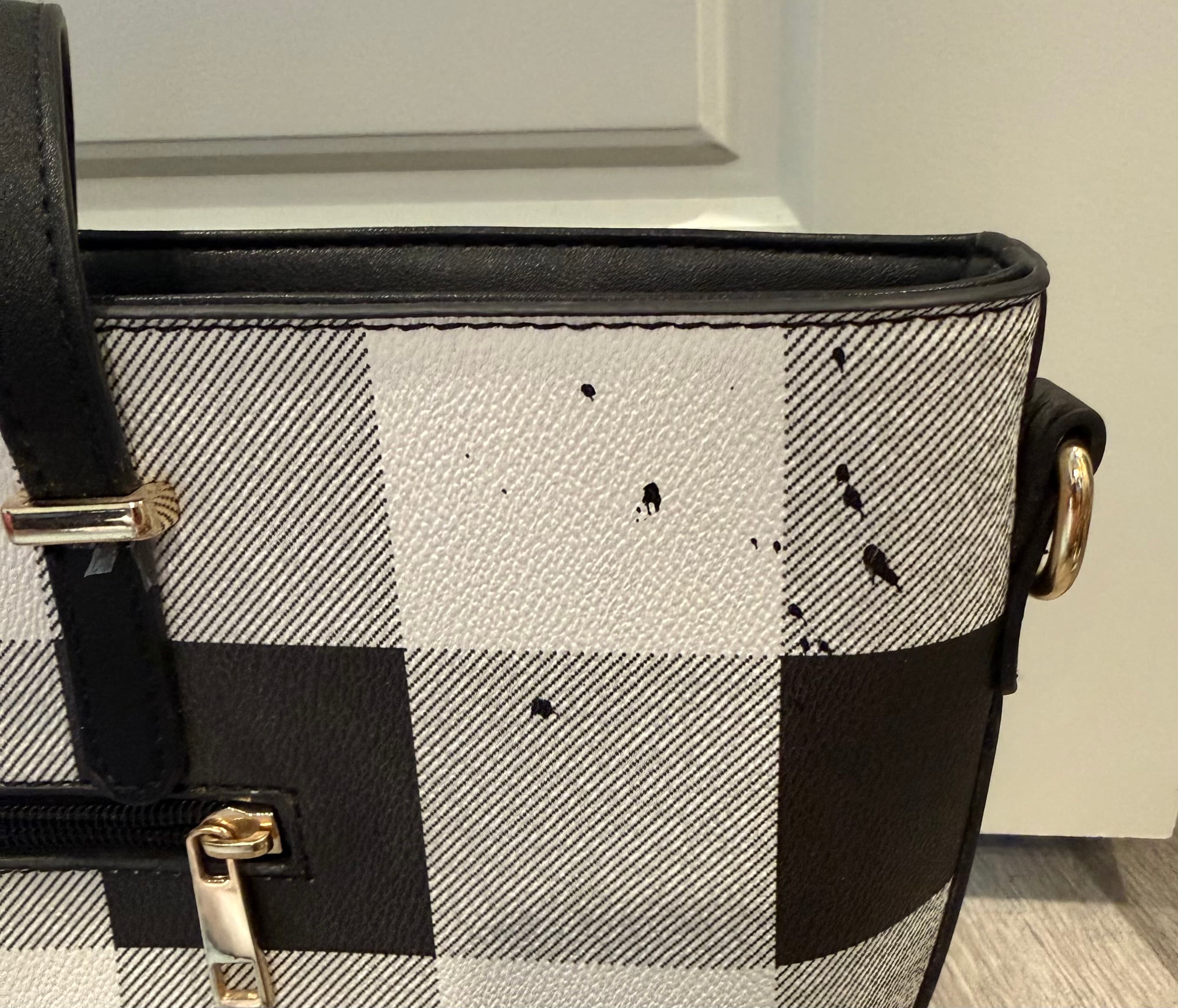 Black and White Checkered Tote Bag with Double Handles - Thumbnail 3